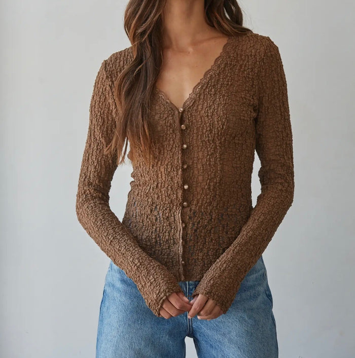 Woven Lace Button Down Long Sleeve - Brown